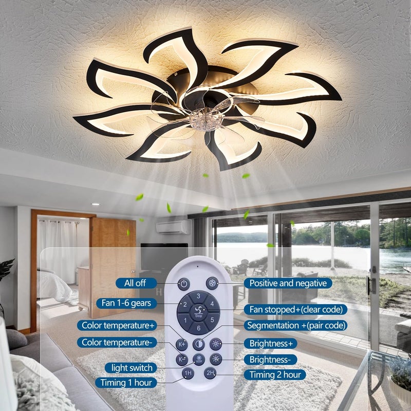 Dalouguan مروحة سقف عصرية مع أضواء تحكم عن بعد، 32" سوداء 6 سرعات 3 ألوان ضوء تصميم منخفض للتركيب السطحي لمطبخ وغرفة نوم - Image 4